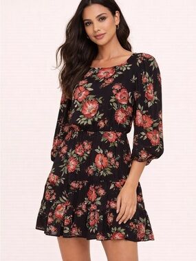Yumi Kim Floral Tiered Ruthie Mini Dress - Black with Floral Print Size Small